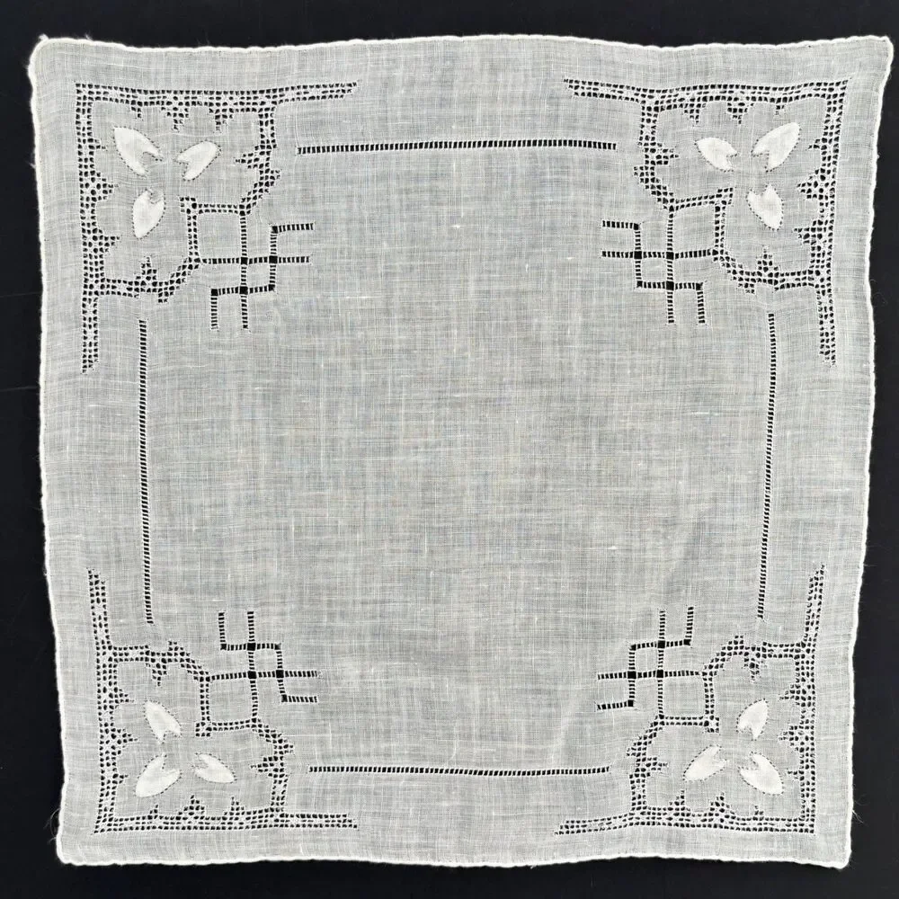 Vintage Linen Drawnwork Wedding Handkerchief Bride Embroidery Cottagecore Granny